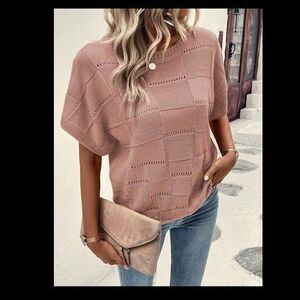 Shein Lune Pointelle Knit Sweater-Large-Blush Pink-Boxy-Batwing Sleeve-Classic